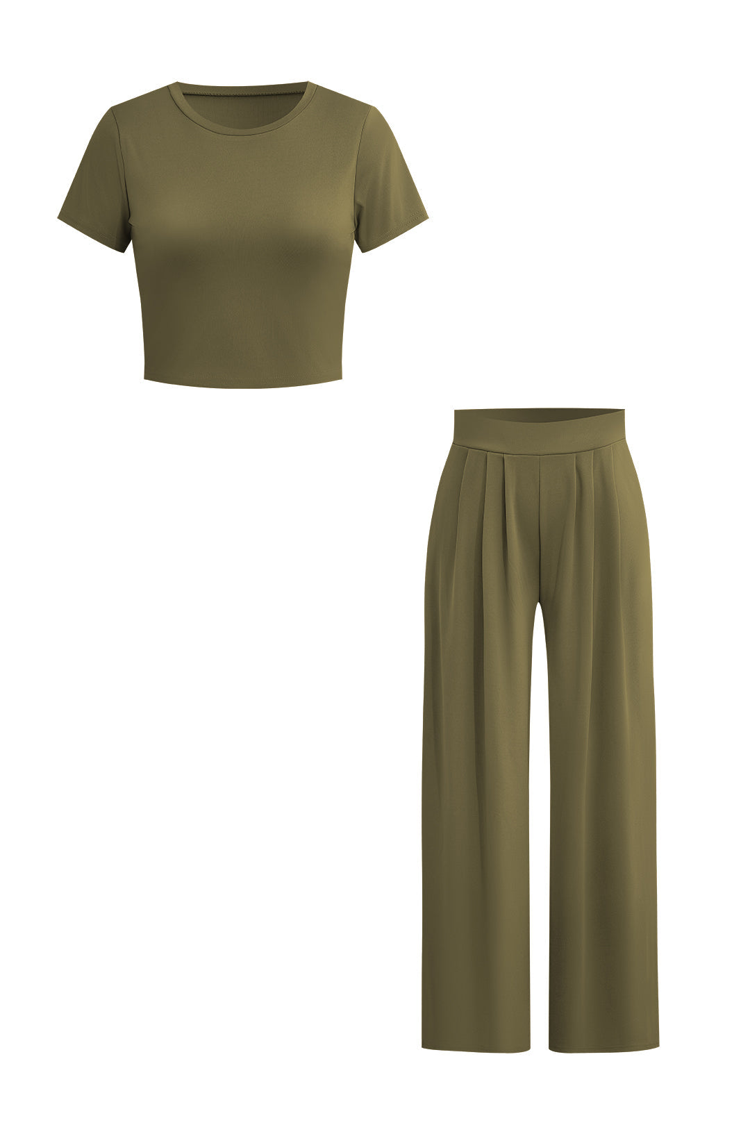 Chic Solid Crop Top and Pleated High-Waist Wide-Leg Pants Set for Y2K Aesthetic Outfits Chic Solid Crop Top and Pleated High-Waist Wide-Leg Pants Set for Y2K Aesthetic Outfits