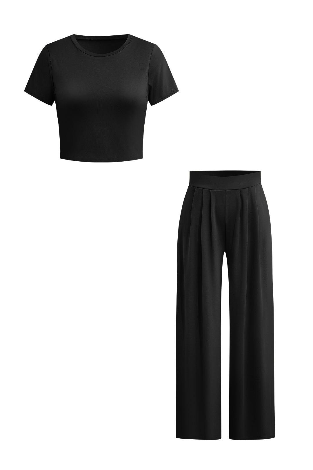 Chic Solid Crop Top and Pleated High-Waist Wide-Leg Pants Set for Y2K Aesthetic Outfits Chic Solid Crop Top and Pleated High-Waist Wide-Leg Pants Set for Y2K Aesthetic Outfits