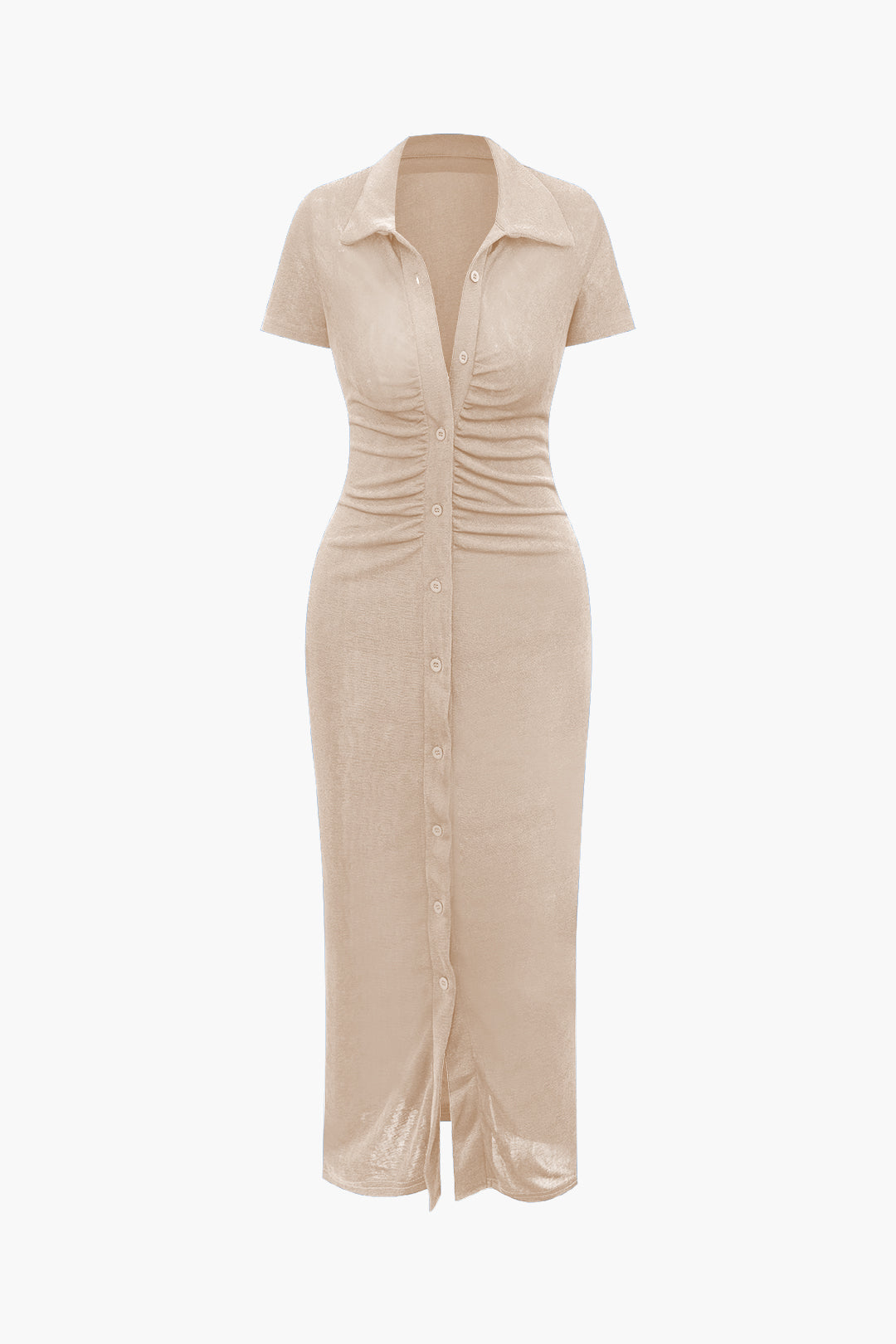 Chic Solid Ruched Button-Up Collar Midi Dress for Y2K Aesthetic and Coquette Style Chic Solid Ruched Button-Up Collar Midi Dress for Y2K Aesthetic and Coquette Style