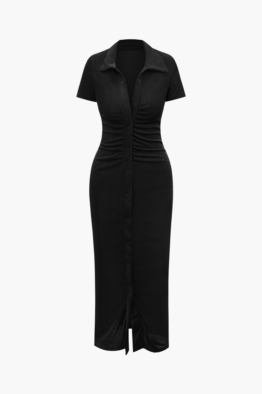 Chic Solid Ruched Button-Up Collar Midi Dress for Y2K Aesthetic and Coquette Style Chic Solid Ruched Button-Up Collar Midi Dress for Y2K Aesthetic and Coquette Style
