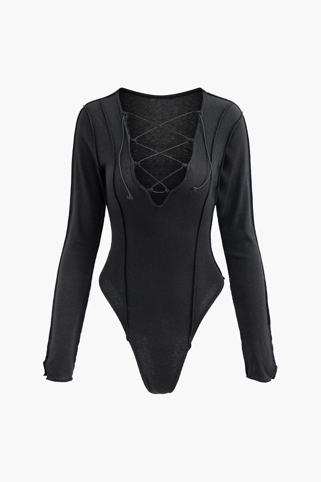 Chic Solid V-Neck Rib Knit Long Sleeve Bodysuit for Y2K Fashion and Aesthetic Outfits