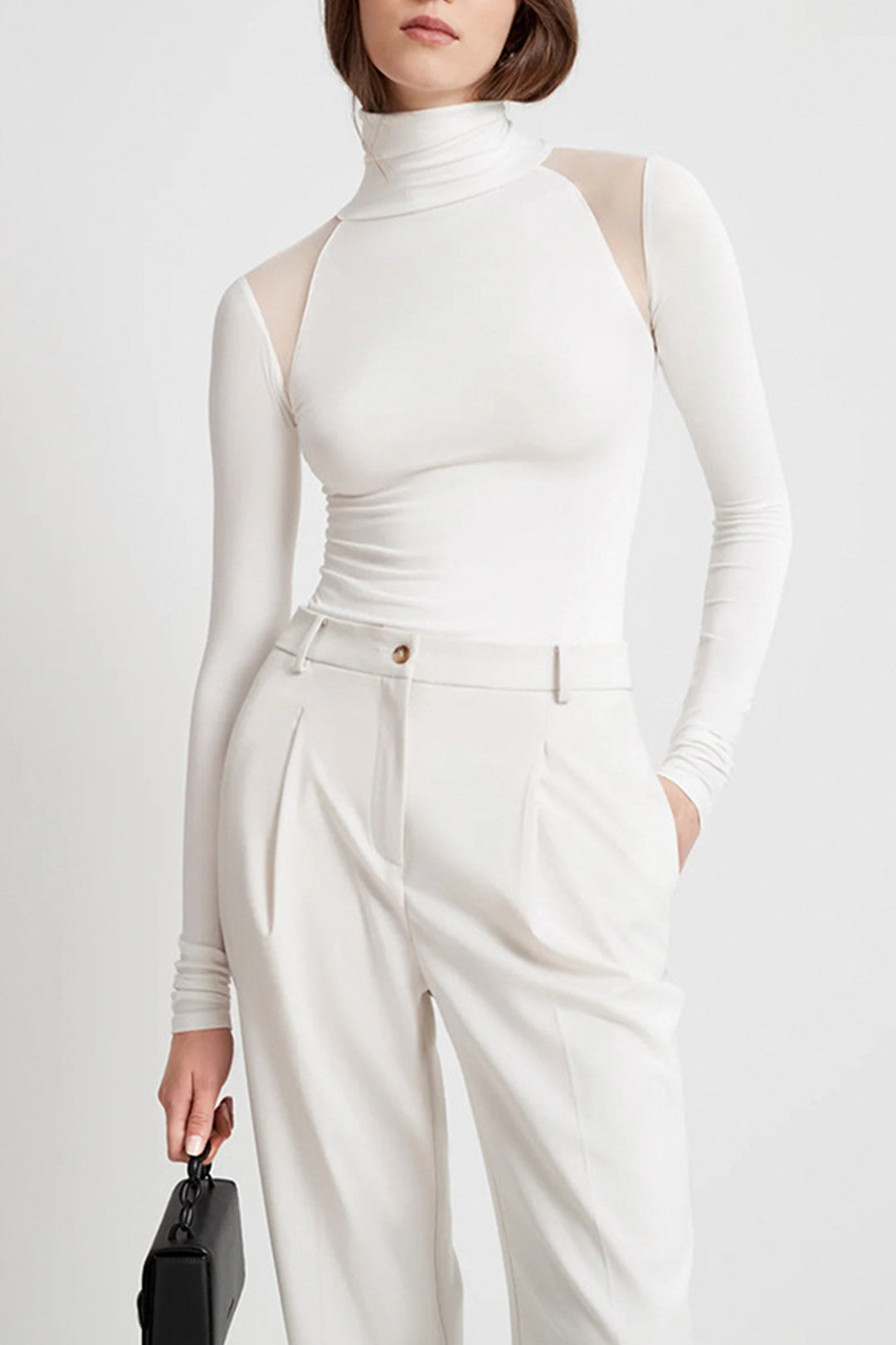 Chic Turtleneck Mesh Paneled Long Sleeve Bodysuit for Y2K Aesthetic Outfits