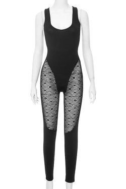 Chic U-Neck Sleeveless Lace Patchwork Jumpsuit for Y2K Fashion Lovers