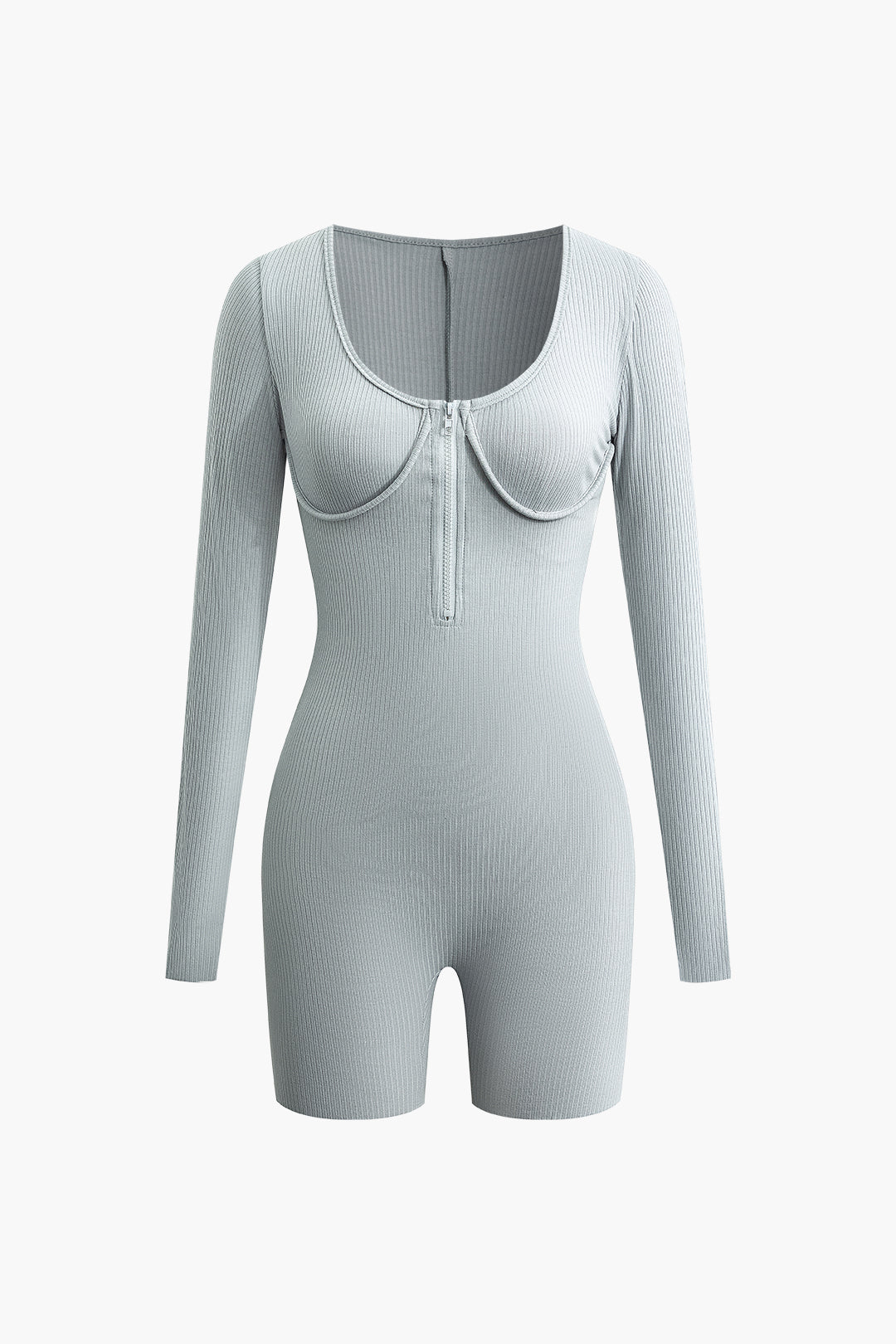 Chic U-Neck Zip-Up Long Sleeve Rib Knit Romper for Y2K Fashion Lovers