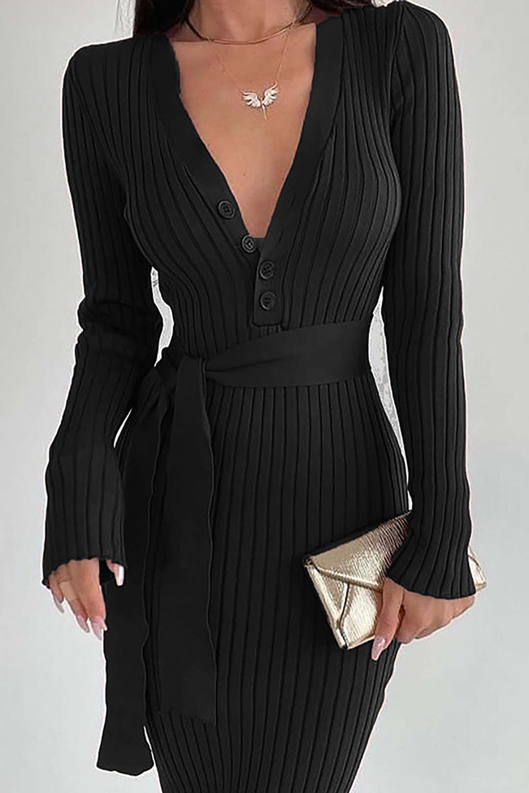 Chic V Neck Button Up Long Sleeve Knit Maxi Dress for Effortless Y2K Style Chic V Neck Button Up Long Sleeve Knit Maxi Dress for Effortless Y2K Style