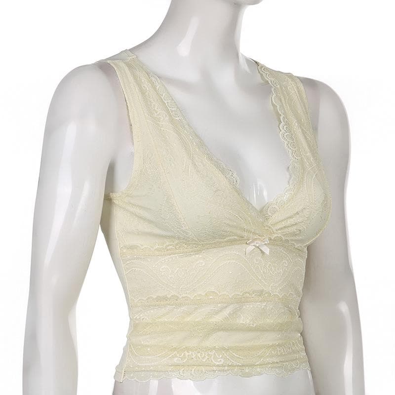 Chic V-Neck Sleeveless Lace Hem Top for Y2K Fashion & Coquette Aesthetic Outfits Chic V-Neck Sleeveless Lace Hem Top for Y2K Fashion & Coquette Aesthetic Outfits