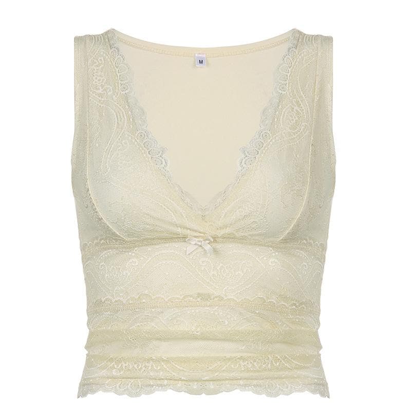 Chic V-Neck Sleeveless Lace Hem Top for Y2K Fashion & Coquette Aesthetic Outfits Chic V-Neck Sleeveless Lace Hem Top for Y2K Fashion & Coquette Aesthetic Outfits