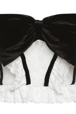 Chic Velvet Bowknot Lace Ruffle Backless Tube Crop Top for Y2K and Coquette Aesthetic