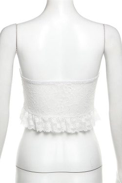 Chic Velvet Bowknot Lace Ruffle Backless Tube Crop Top for Y2K and Coquette Aesthetic
