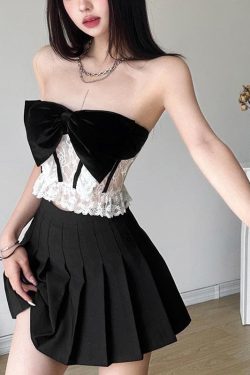Chic Velvet Bowknot Lace Ruffle Backless Tube Crop Top for Y2K and Coquette Aesthetic