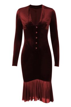 Chic Velvet Button Ruffle Long Sleeve V-Neck Midi Dress for Y2K Aesthetic Lovers
