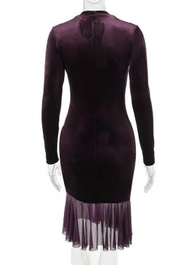 Chic Velvet Button Ruffle Long Sleeve V-Neck Midi Dress for Y2K Aesthetic Lovers