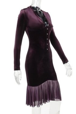 Chic Velvet Button Ruffle Long Sleeve V-Neck Midi Dress for Y2K Aesthetic Lovers