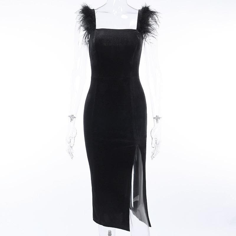 Chic Velvet Feather Sleeveless Slit Zip-Up Midi Dress for Y2K and Coquette Aesthetic Chic Velvet Feather Sleeveless Slit Zip-Up Midi Dress for Y2K and Coquette Aesthetic