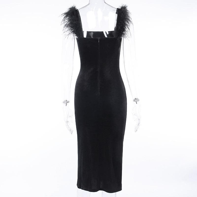 Chic Velvet Feather Sleeveless Slit Zip-Up Midi Dress for Y2K and Coquette Aesthetic Chic Velvet Feather Sleeveless Slit Zip-Up Midi Dress for Y2K and Coquette Aesthetic