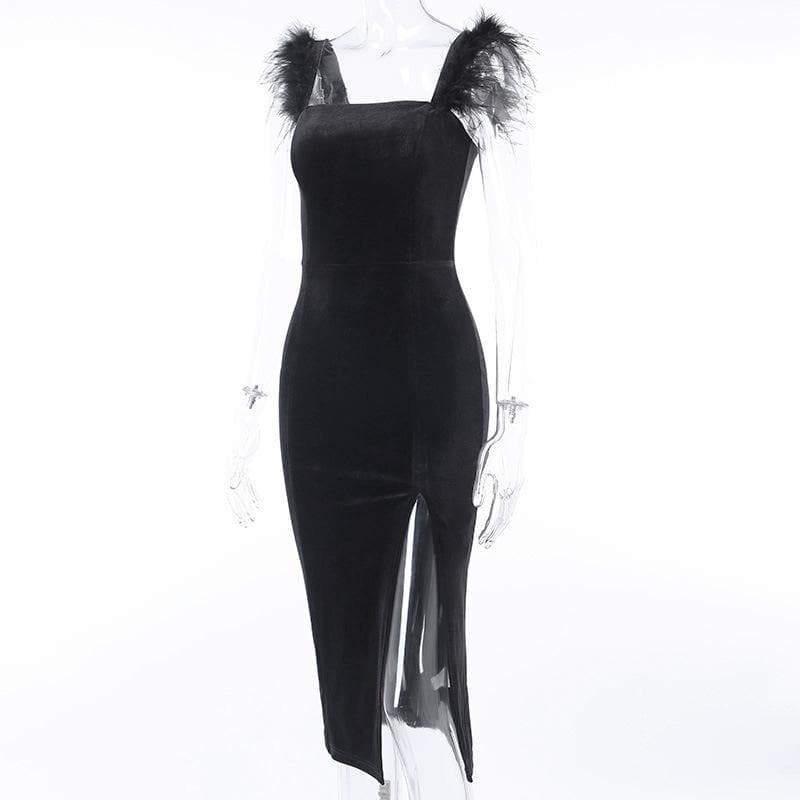 Chic Velvet Feather Sleeveless Slit Zip-Up Midi Dress for Y2K and Coquette Aesthetic Chic Velvet Feather Sleeveless Slit Zip-Up Midi Dress for Y2K and Coquette Aesthetic