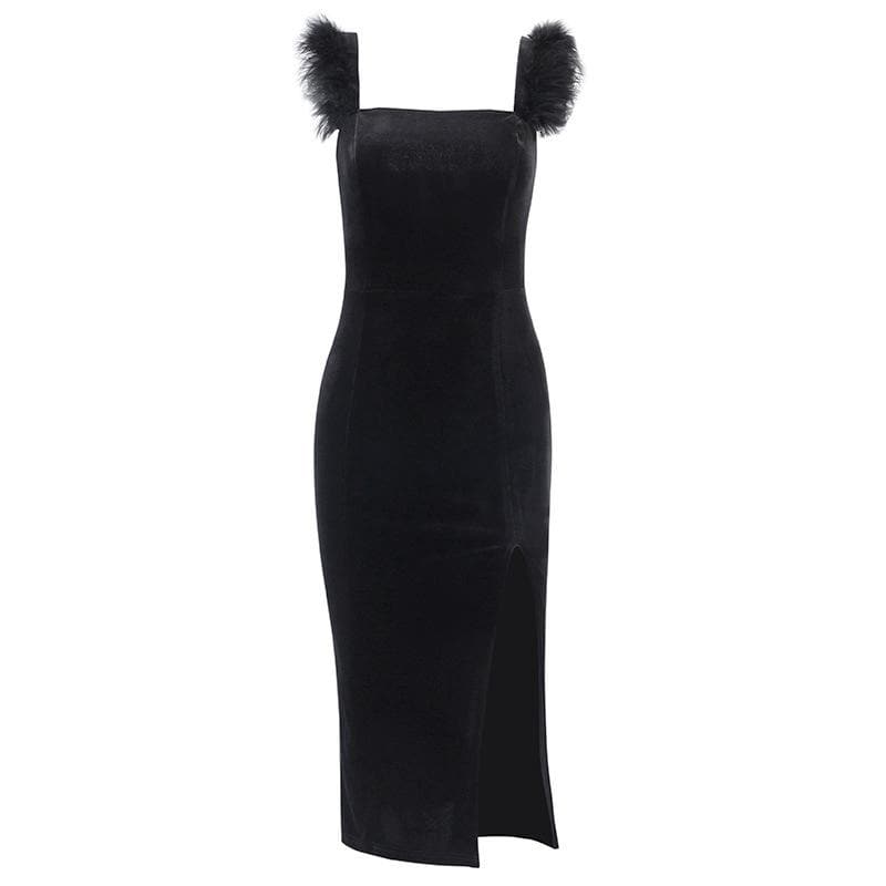 Chic Velvet Feather Sleeveless Slit Zip-Up Midi Dress for Y2K and Coquette Aesthetic Chic Velvet Feather Sleeveless Slit Zip-Up Midi Dress for Y2K and Coquette Aesthetic