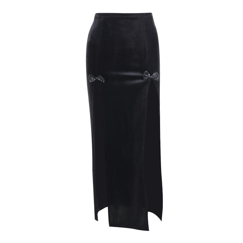 Chic Velvet High Rise Maxi Skirt with Slit and Bowknot Detail for Y2K Aesthetic Chic Velvet High Rise Maxi Skirt with Slit and Bowknot Detail for Y2K Aesthetic