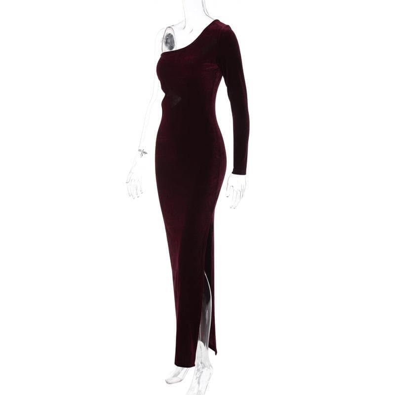 Chic Velvet One-Shoulder Slit Midi Dress - Irregular Cut for Y2K Aesthetic Style Chic Velvet One-Shoulder Slit Midi Dress - Irregular Cut for Y2K Aesthetic Style