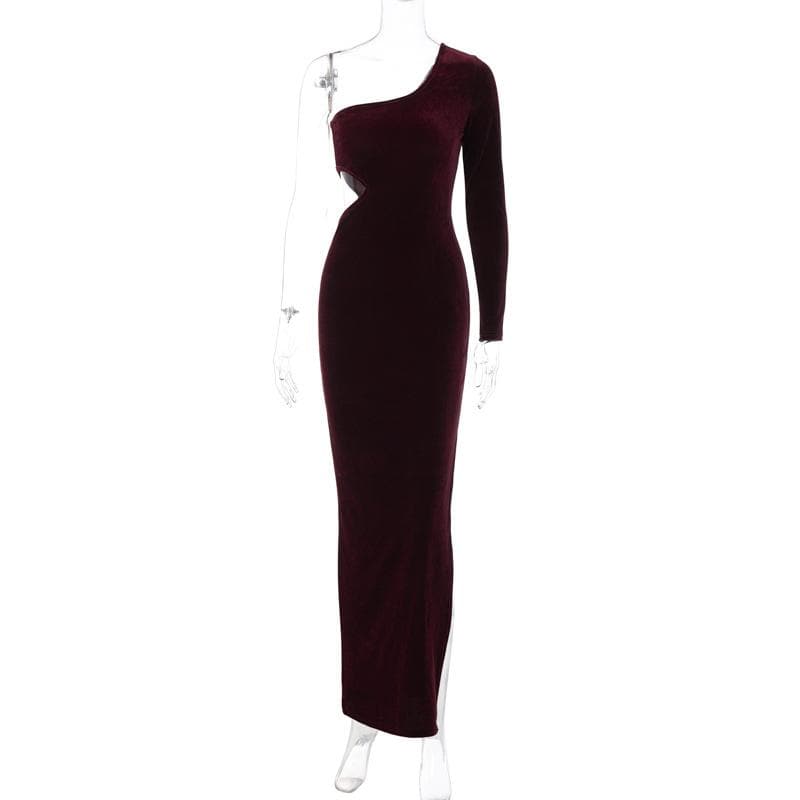 Chic Velvet One-Shoulder Slit Midi Dress - Irregular Cut for Y2K Aesthetic Style Chic Velvet One-Shoulder Slit Midi Dress - Irregular Cut for Y2K Aesthetic Style