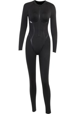 Chic Y2K Aesthetic Zip-Up PU Leather Long Sleeve High Neck Jumpsuit for Trendy Outfits