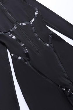 Chic Y2K Aesthetic Zip-Up PU Leather Long Sleeve High Neck Jumpsuit for Trendy Outfits