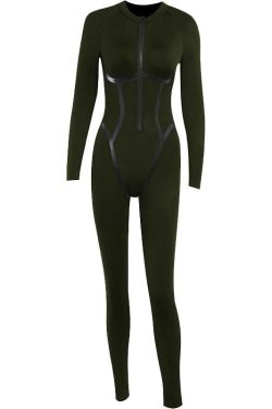 Chic Y2K Aesthetic Zip-Up PU Leather Long Sleeve High Neck Jumpsuit for Trendy Outfits