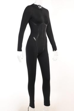 Chic Y2K Aesthetic Zip-Up PU Leather Long Sleeve High Neck Jumpsuit for Trendy Outfits