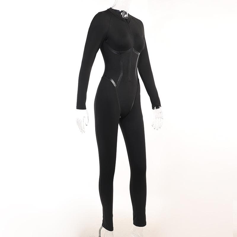 Chic Y2K Aesthetic Zip-Up PU Leather Long Sleeve High Neck Jumpsuit for Trendy Outfits Chic Y2K Aesthetic Zip-Up PU Leather Long Sleeve High Neck Jumpsuit for Trendy Outfits