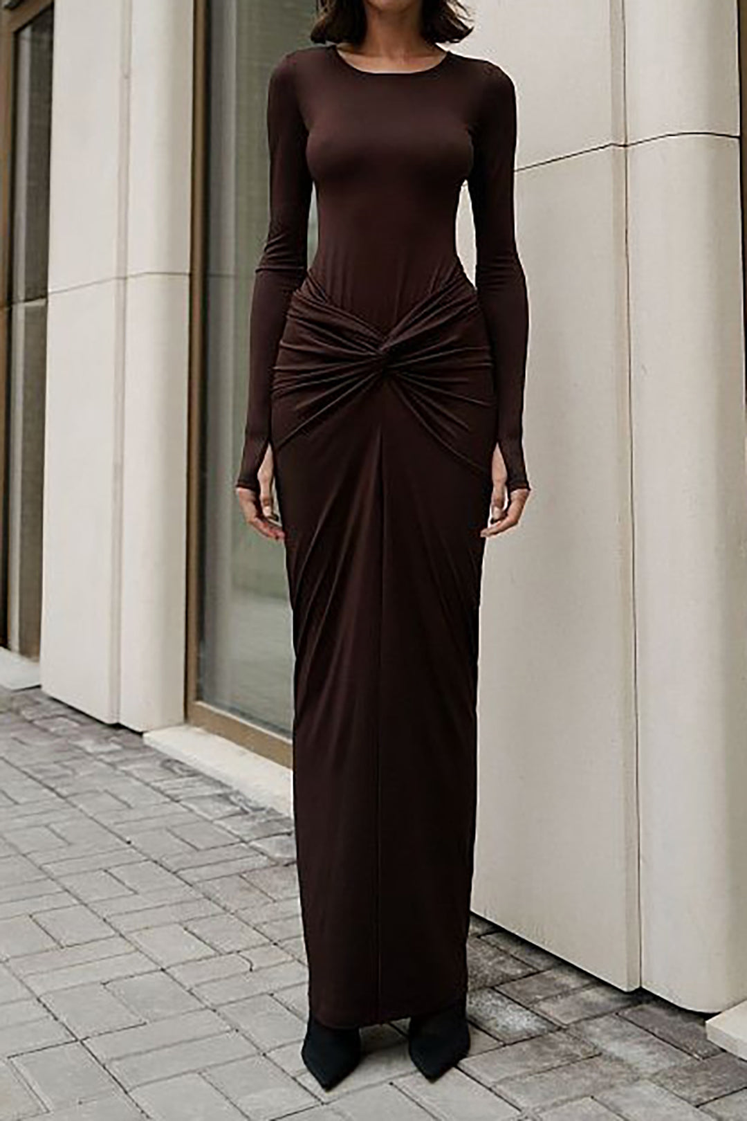 Chic Y2K Fashion: Round Neck Long Sleeve Bodysuit & Ruched Split Maxi Skirt Set Chic Y2K Fashion: Round Neck Long Sleeve Bodysuit & Ruched Split Maxi Skirt Set