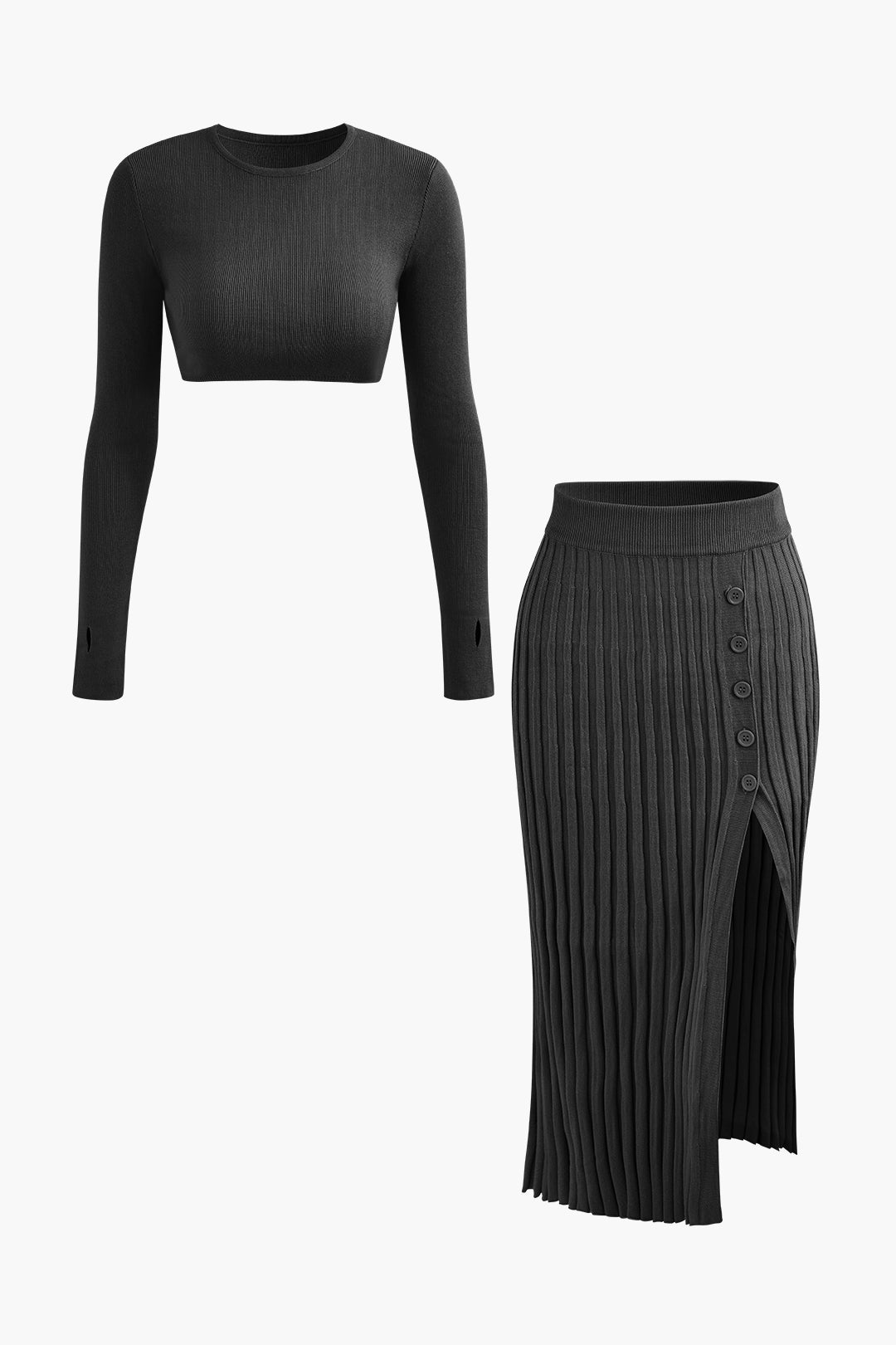 Chic Y2K Fashion: Round Neck Long Sleeve Knit Crop Top & Textured Knit Slit Skirt Set Chic Y2K Fashion: Round Neck Long Sleeve Knit Crop Top & Textured Knit Slit Skirt Set