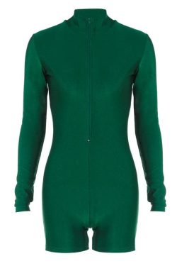 Chic Y2K Solid Zip-Up Long Sleeve High Neck Romper for Trendy Aesthetic Outfits