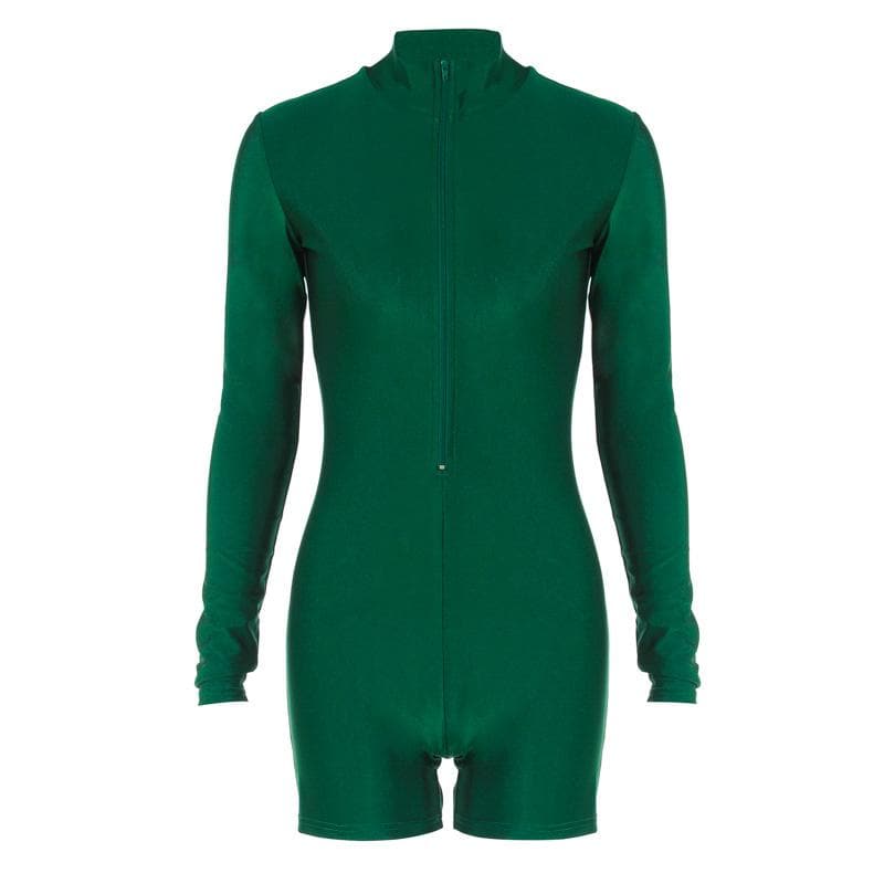 Chic Y2K Solid Zip-Up Long Sleeve High Neck Romper for Trendy Aesthetic Outfits Chic Y2K Solid Zip-Up Long Sleeve High Neck Romper for Trendy Aesthetic Outfits
