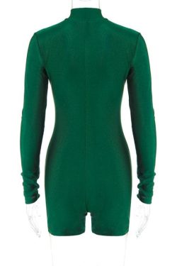 Chic Y2K Solid Zip-Up Long Sleeve High Neck Romper for Trendy Aesthetic Outfits