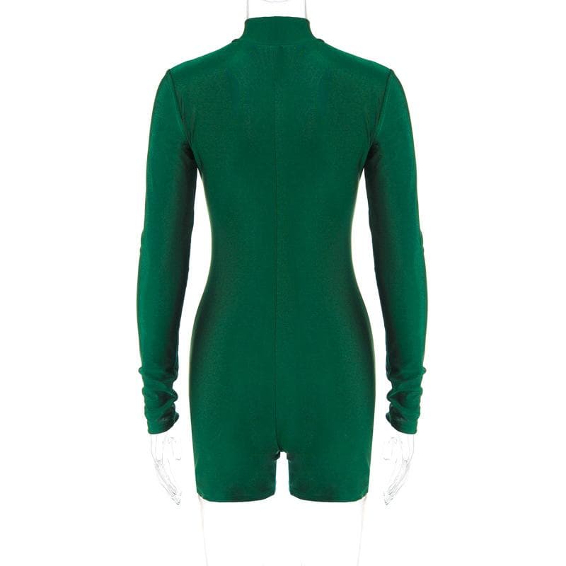 Chic Y2K Solid Zip-Up Long Sleeve High Neck Romper for Trendy Aesthetic Outfits Chic Y2K Solid Zip-Up Long Sleeve High Neck Romper for Trendy Aesthetic Outfits