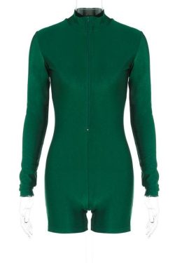 Chic Y2K Solid Zip-Up Long Sleeve High Neck Romper for Trendy Aesthetic Outfits