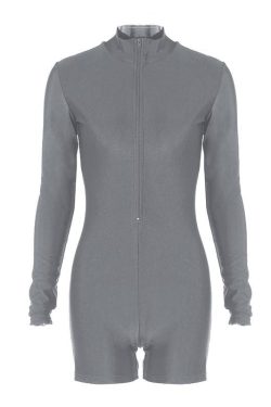 Chic Y2K Solid Zip-Up Long Sleeve High Neck Romper for Trendy Aesthetic Outfits