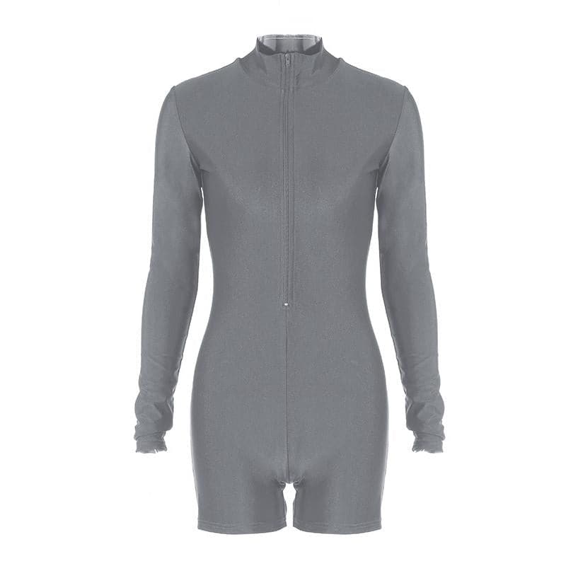Chic Y2K Solid Zip-Up Long Sleeve High Neck Romper for Trendy Aesthetic Outfits Chic Y2K Solid Zip-Up Long Sleeve High Neck Romper for Trendy Aesthetic Outfits
