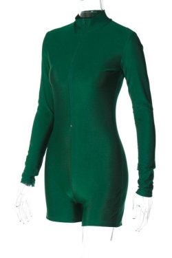 Chic Y2K Solid Zip-Up Long Sleeve High Neck Romper for Trendy Aesthetic Outfits