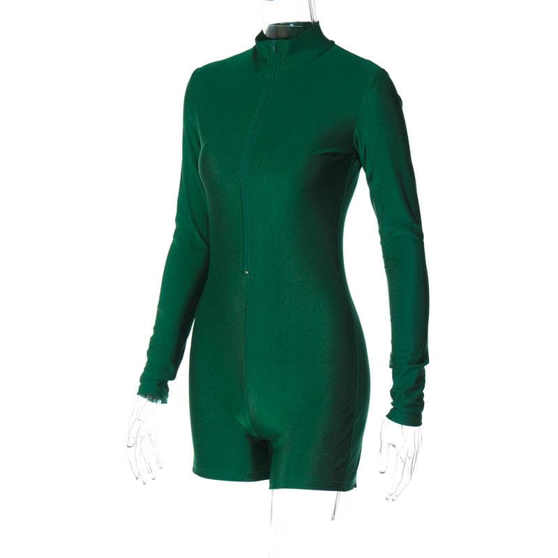Chic Y2K Solid Zip-Up Long Sleeve High Neck Romper for Trendy Aesthetic Outfits Chic Y2K Solid Zip-Up Long Sleeve High Neck Romper for Trendy Aesthetic Outfits