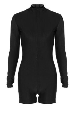 Chic Y2K Solid Zip-Up Long Sleeve High Neck Romper for Trendy Aesthetic Outfits