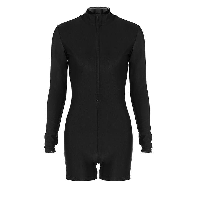 Chic Y2K Solid Zip-Up Long Sleeve High Neck Romper for Trendy Aesthetic Outfits Chic Y2K Solid Zip-Up Long Sleeve High Neck Romper for Trendy Aesthetic Outfits