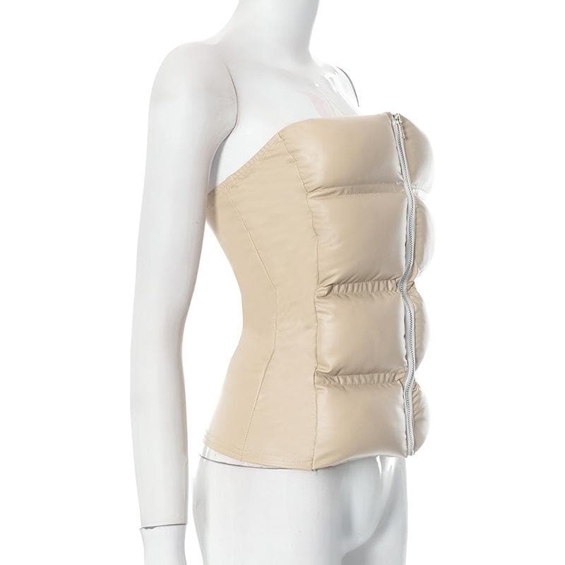 Chic Y2K Style Zip-Up PU Leather Tube Top for a Trendy Winter Look Chic Y2K Style Zip-Up PU Leather Tube Top for a Trendy Winter Look