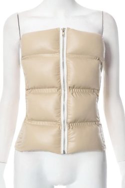 Chic Y2K Style Zip-Up PU Leather Tube Top for a Trendy Winter Look