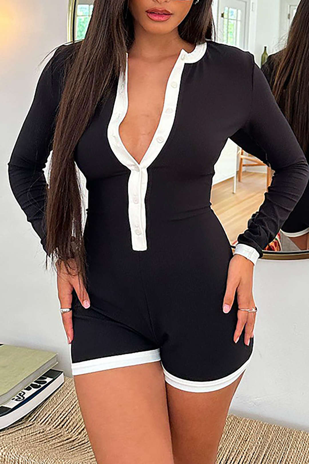 Contrast Binding Ribbed Button-Up Long Sleeve Romper in Y2K Aesthetic Style