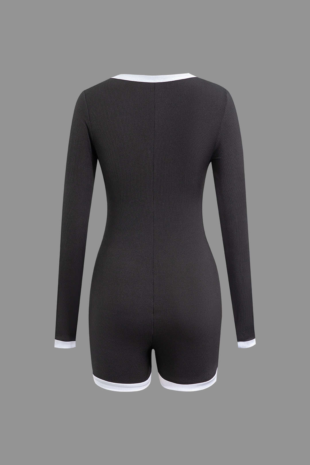 Contrast Binding Ribbed Button-Up Long Sleeve Romper in Y2K Aesthetic Style Contrast Binding Ribbed Button-Up Long Sleeve Romper in Y2K Aesthetic Style