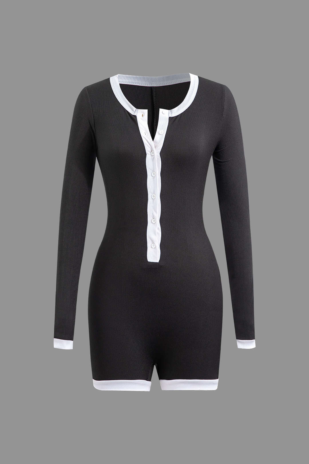Contrast Binding Ribbed Button-Up Long Sleeve Romper in Y2K Aesthetic Style Contrast Binding Ribbed Button-Up Long Sleeve Romper in Y2K Aesthetic Style