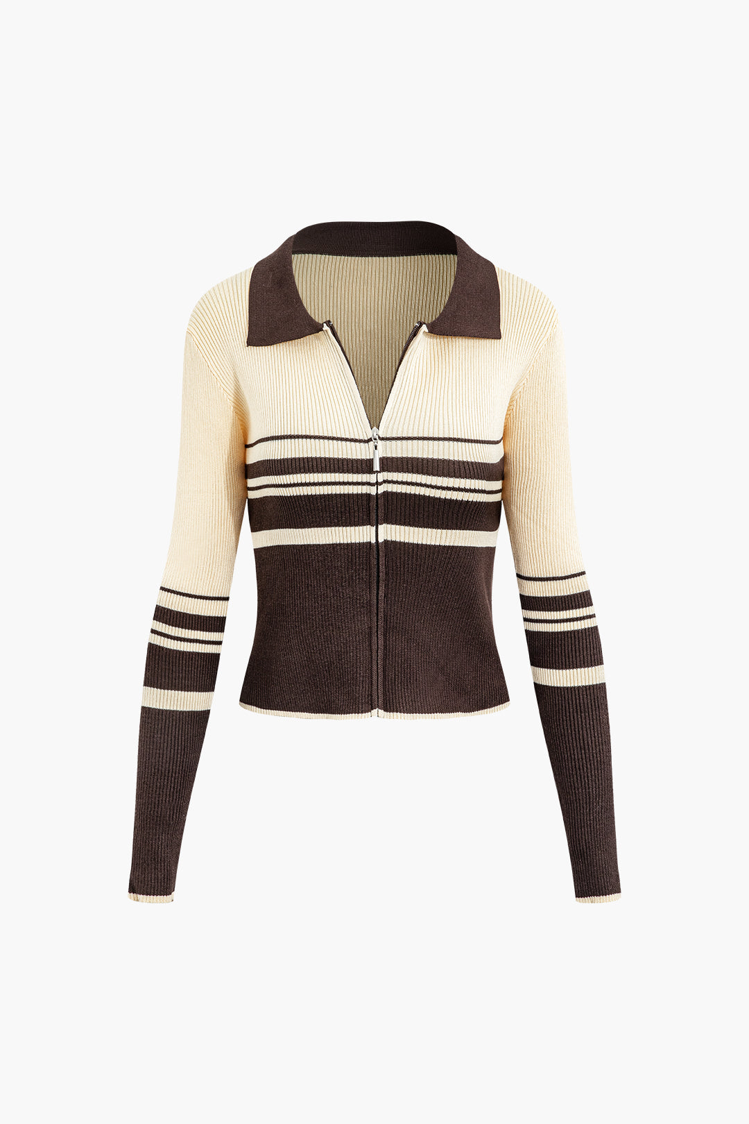 Contrast Collar Zip-Up Long Sleeve Cardigan in Y2K Aesthetic for Cozy Layering