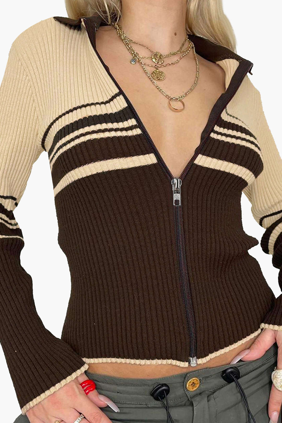 Contrast Collar Zip-Up Long Sleeve Cardigan in Y2K Aesthetic for Cozy Layering