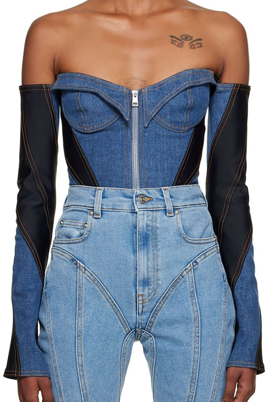 Contrast Denim Off-Shoulder Long Sleeve Bodysuit - Y2K Aesthetic Fashion Essential